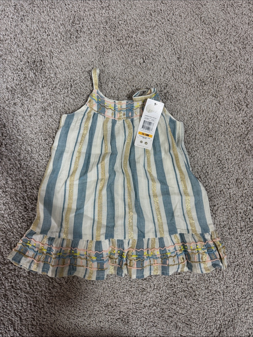 Peek Striped Sleeveless Ruffle Top - Blue, Cream & Gold size 12-18 months